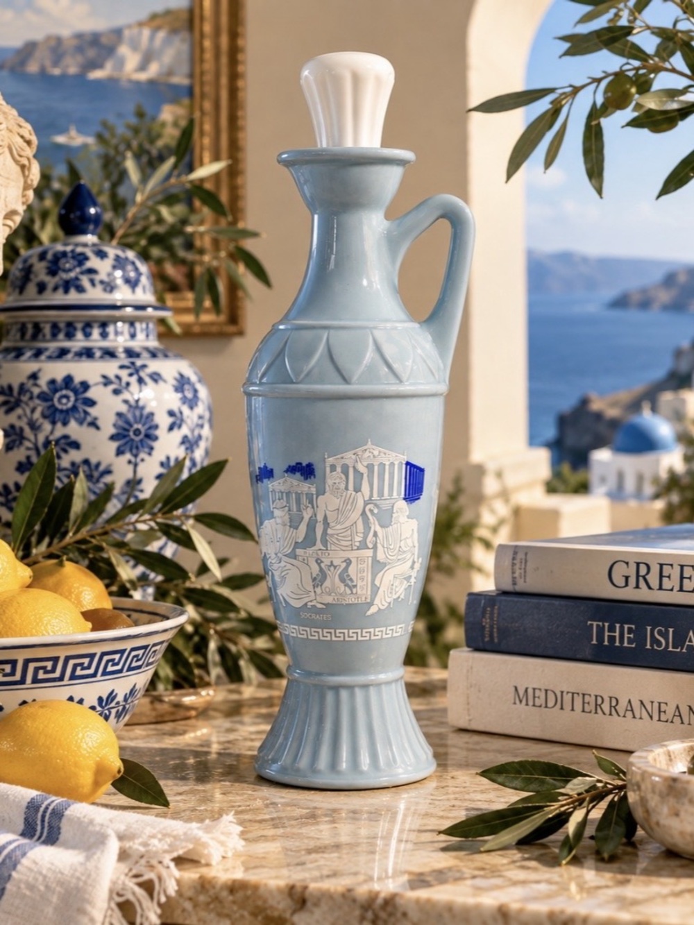 Vintage 1961 Jim Beam Grecian Philosophers Blue Milk Glass Decanter